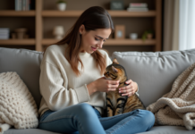 Comportement des chats blessés : quoi faire en cas de blessure ? Jeune femme réconfortant un chat blessé sur un sofa