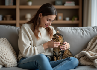 Comportement des chats blessés : quoi faire en cas de blessure ? Jeune femme réconfortant un chat blessé sur un sofa