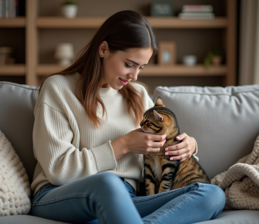 Comportement des chats blessés : quoi faire en cas de blessure ? Jeune femme réconfortant un chat blessé sur un sofa