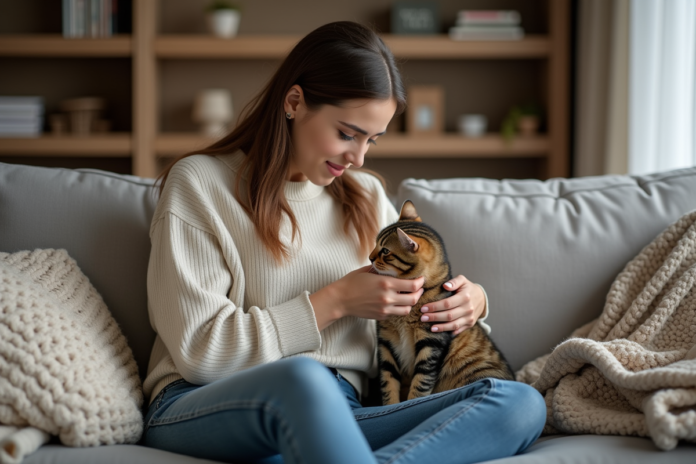 femme-soignant-chat-injure Jeune femme réconfortant un chat blessé sur un sofa