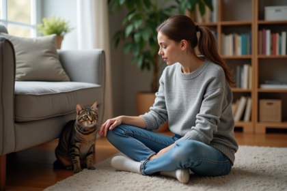 Jeune femme avec chat timid dans un intérieur cosy