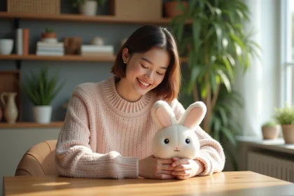 Femme souriante avec peluche Fanyil Bunny Pal dans un intérieur lumineux
