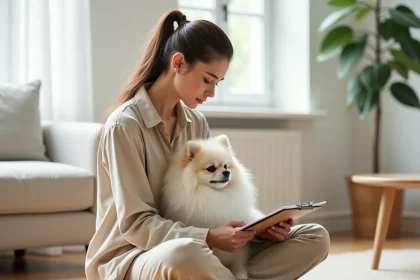 Femme tenant un spitz poméranien blanc dans ses bras en consultant des documents d'assurance animaux dans un salon moderne