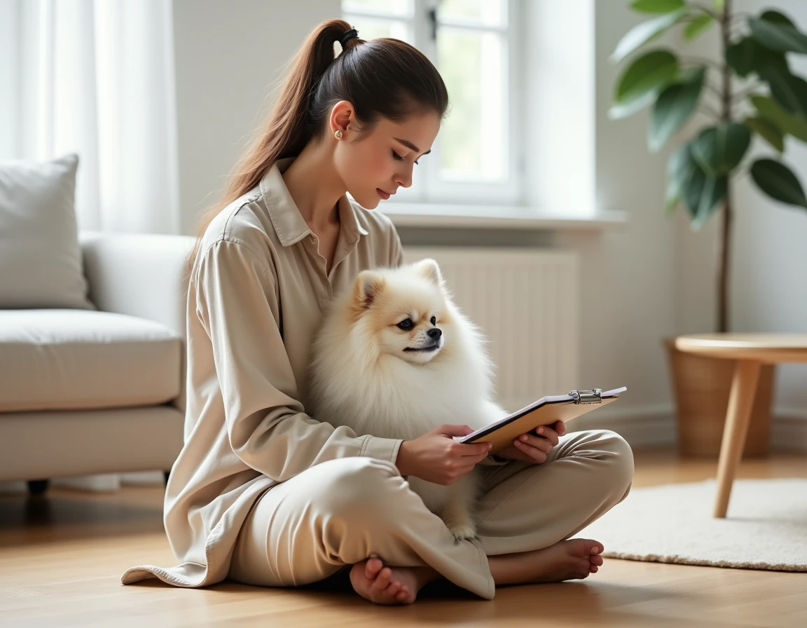 Femme tenant un spitz poméranien blanc dans ses bras en consultant des documents d'assurance animaux dans un salon moderne