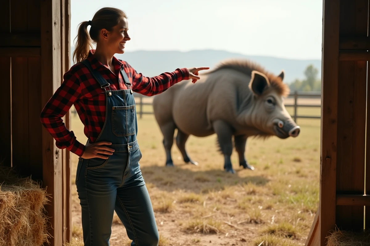 Fermière pointant un gros sanglier dans la ferme