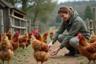 Fermière nourrissant des poules dans une ferme rurale