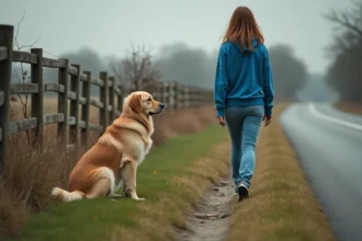 Jeune femme et chien golden retriever dans la campagne
