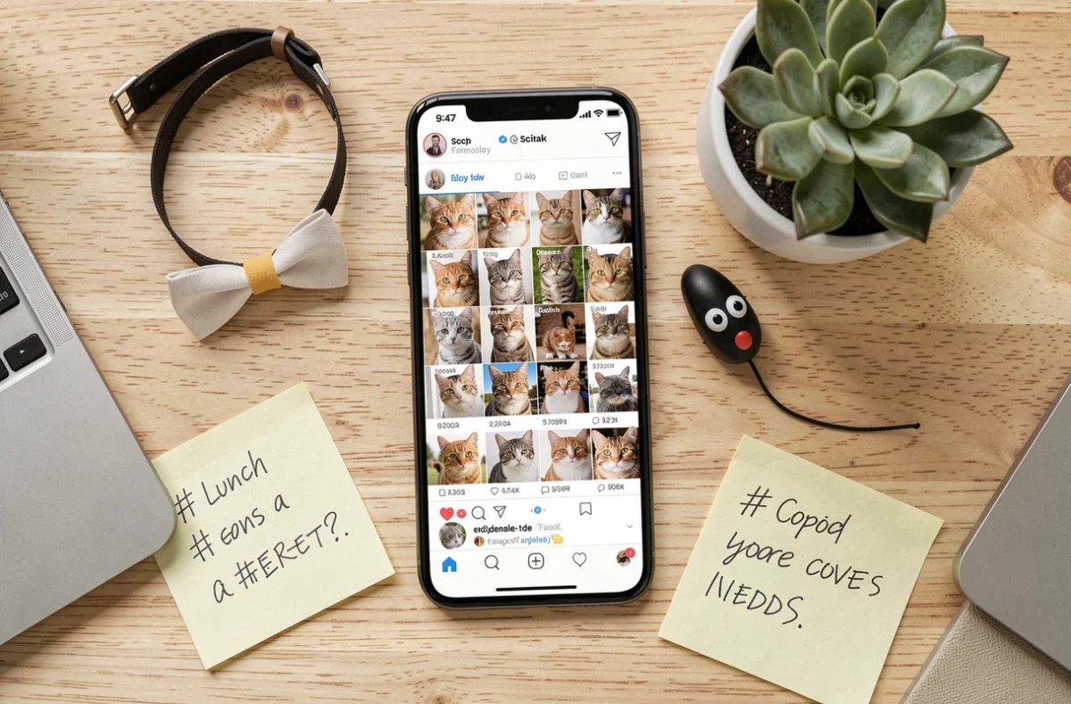 Vue de dessus d'un téléphone affichant le profil social d'un chat entouré d'accessoires pour illustrer la création de contenu félin sur Internet