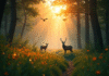 Forêt aurore avec animaux au lever du soleil