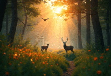 Forêt aurore avec animaux au lever du soleil