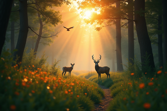 Forêt aurore avec animaux au lever du soleil