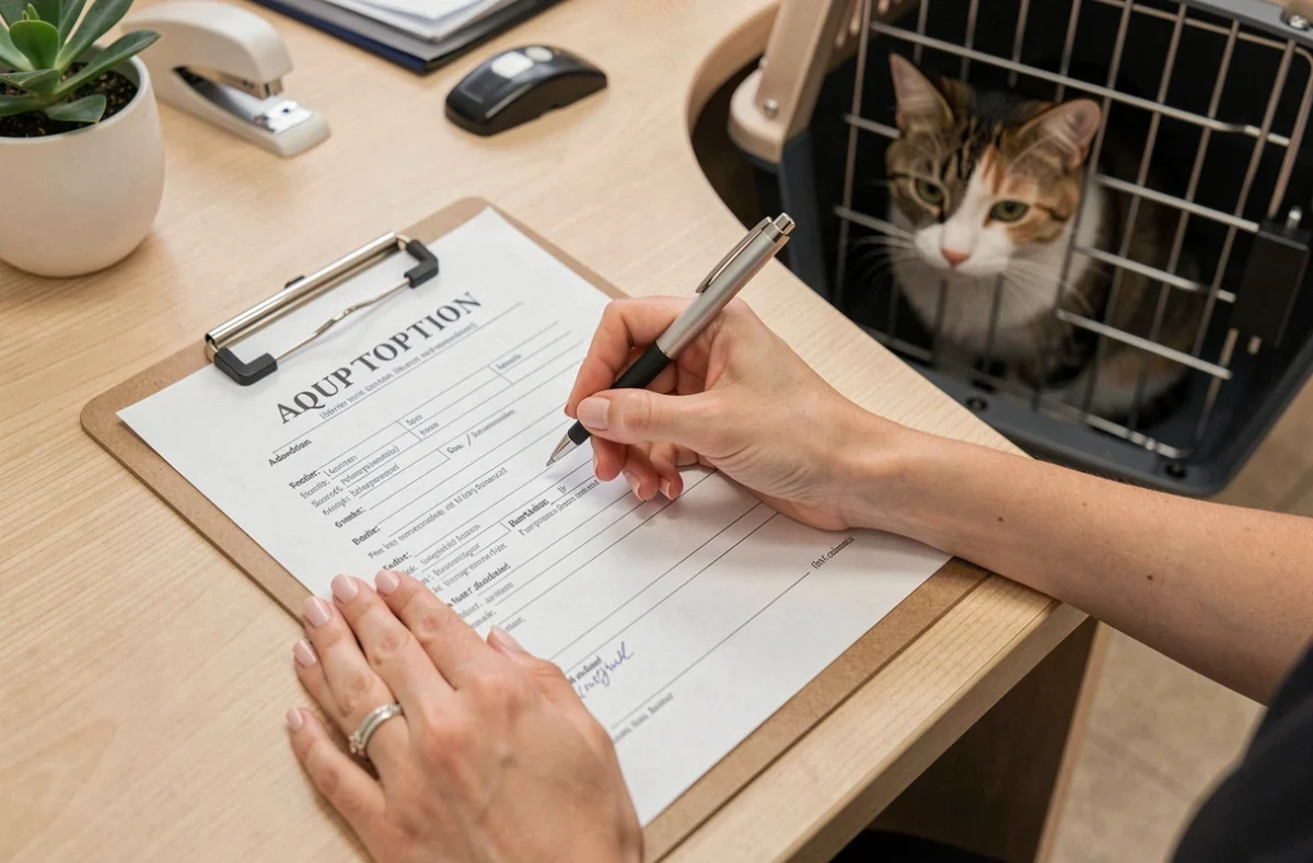 Formulaire de cession d'un chat à une association animale signé par une propriétaire sur un bureau d'accueil