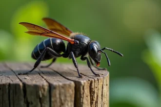 Gros plan hyper-réaliste d'un frelon noir posé sur un poteau en bois dans un jardin, détails macro de l'abdomen et des ailes