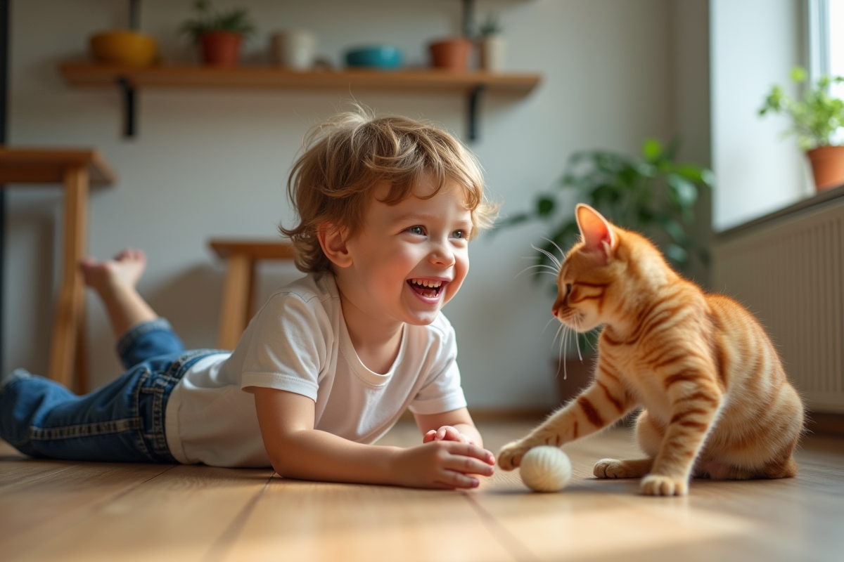 Garçon jouant avec chat roux dans la cuisine chaleureuse