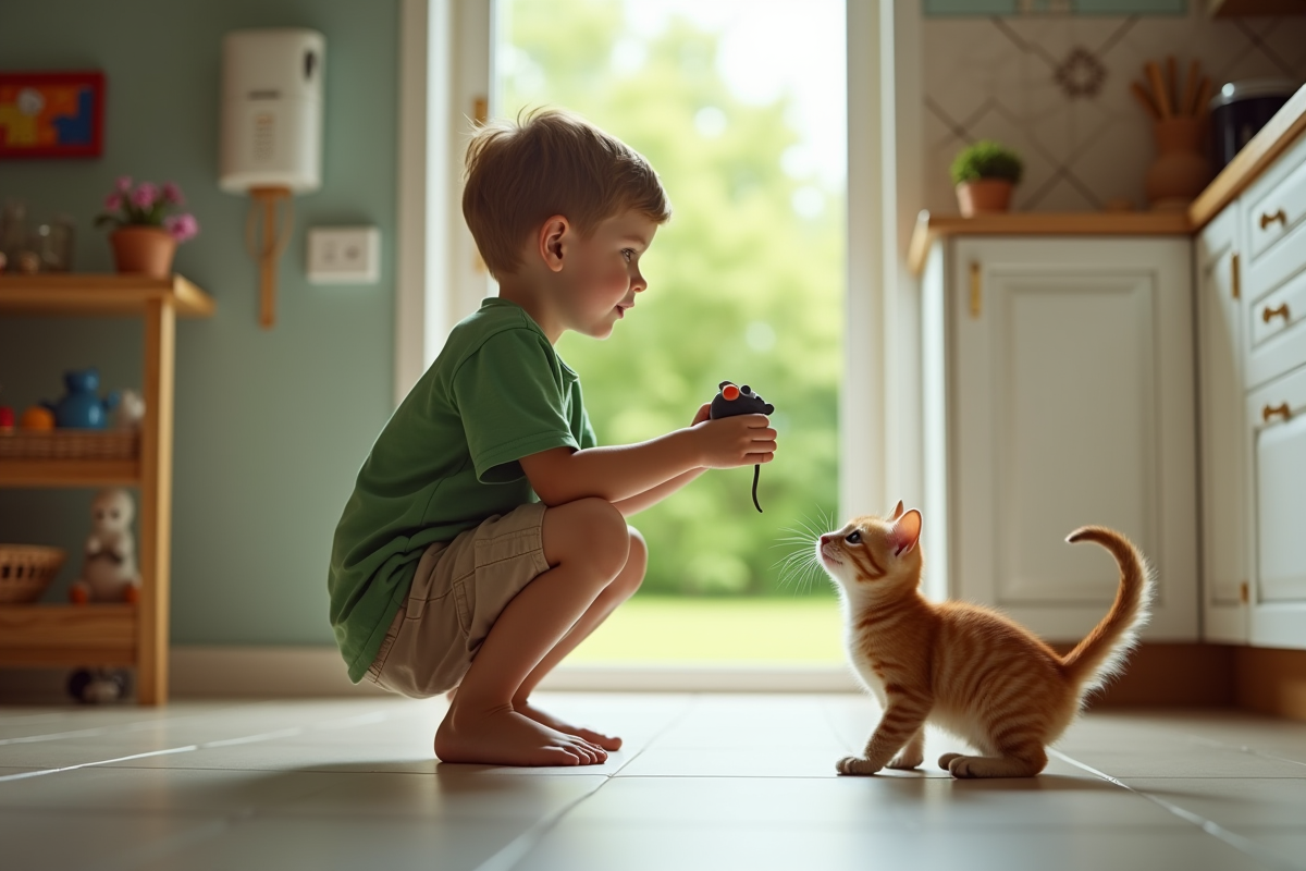 Garçon jouant avec un chaton ginger dans la cuisine lumineuse