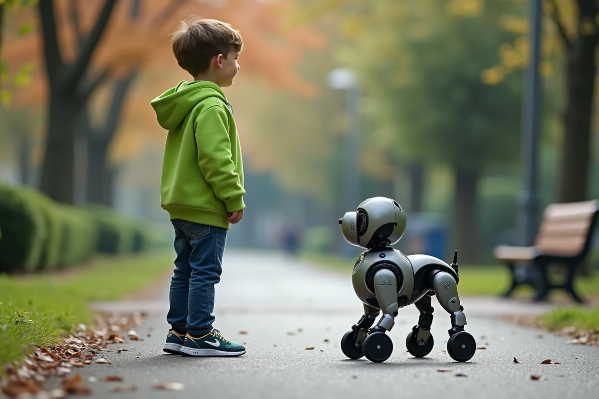 Garçon curieux observant un robot chien dans un parc urbain
