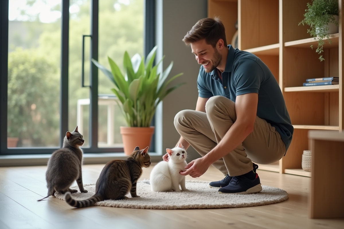 Jeune homme jouant avec plusieurs chats dans un centre