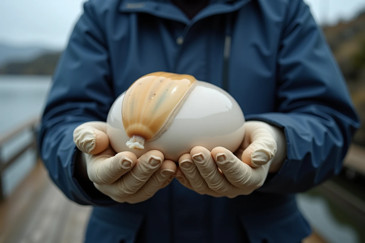 Biologiste marin tenant un geoduck en forme de U, rare espèce de palourde géante du Pacifique
