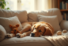 Golden retriever allongé sur un canapé confortable