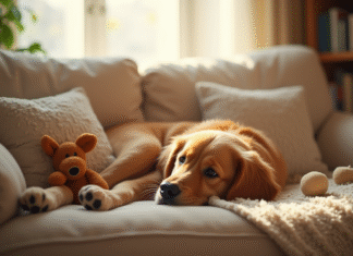 Golden retriever allongé sur un canapé confortable