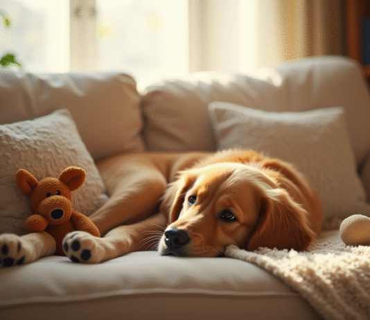 Golden retriever allongé sur un canapé confortable