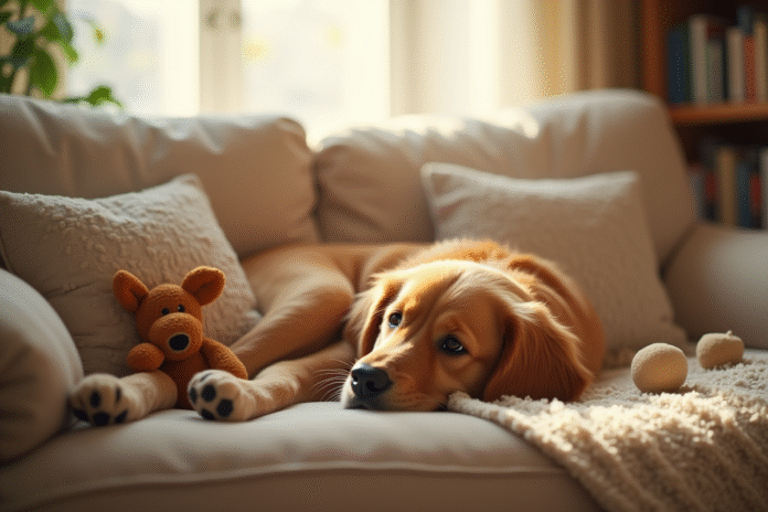 Golden retriever allongé sur un canapé confortable