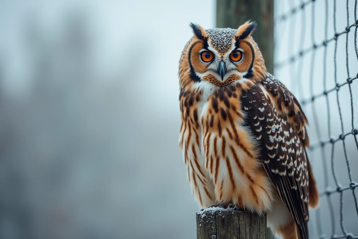 Grand-duc d'Europe posé sur un perchoir dans la volière du parc animalier de Strasbourg en hiver