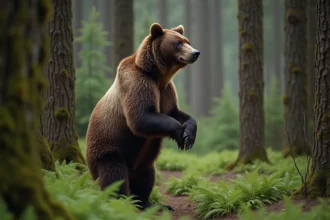 Grizzly debout sur ses pattes arrière dans une forêt dense du Pacifique Nord-Ouest, mettant en valeur sa taille imposante