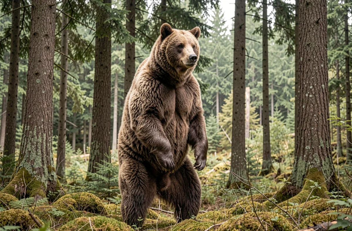Grizzly bear debout sur ses pattes arrière en forêt de conifères, montrant sa bosse caractéristique sur l'épaule