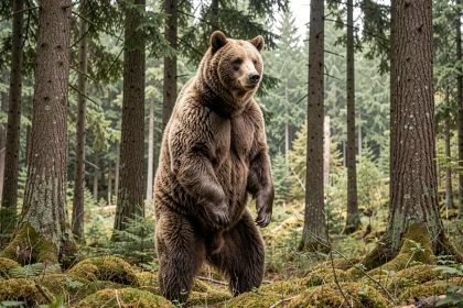 Grizzly bear debout sur ses pattes arrière en forêt de conifères, montrant sa bosse caractéristique sur l'épaule