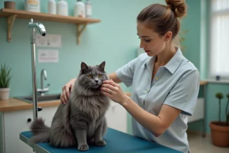 Groomer professionnel brossant un chat gris dans un salon moderne