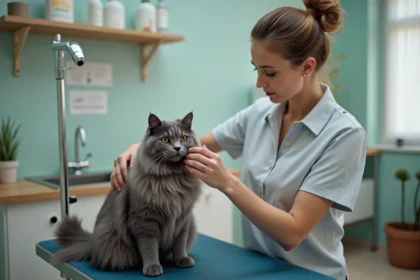 Groomer professionnel brossant un chat gris dans un salon moderne