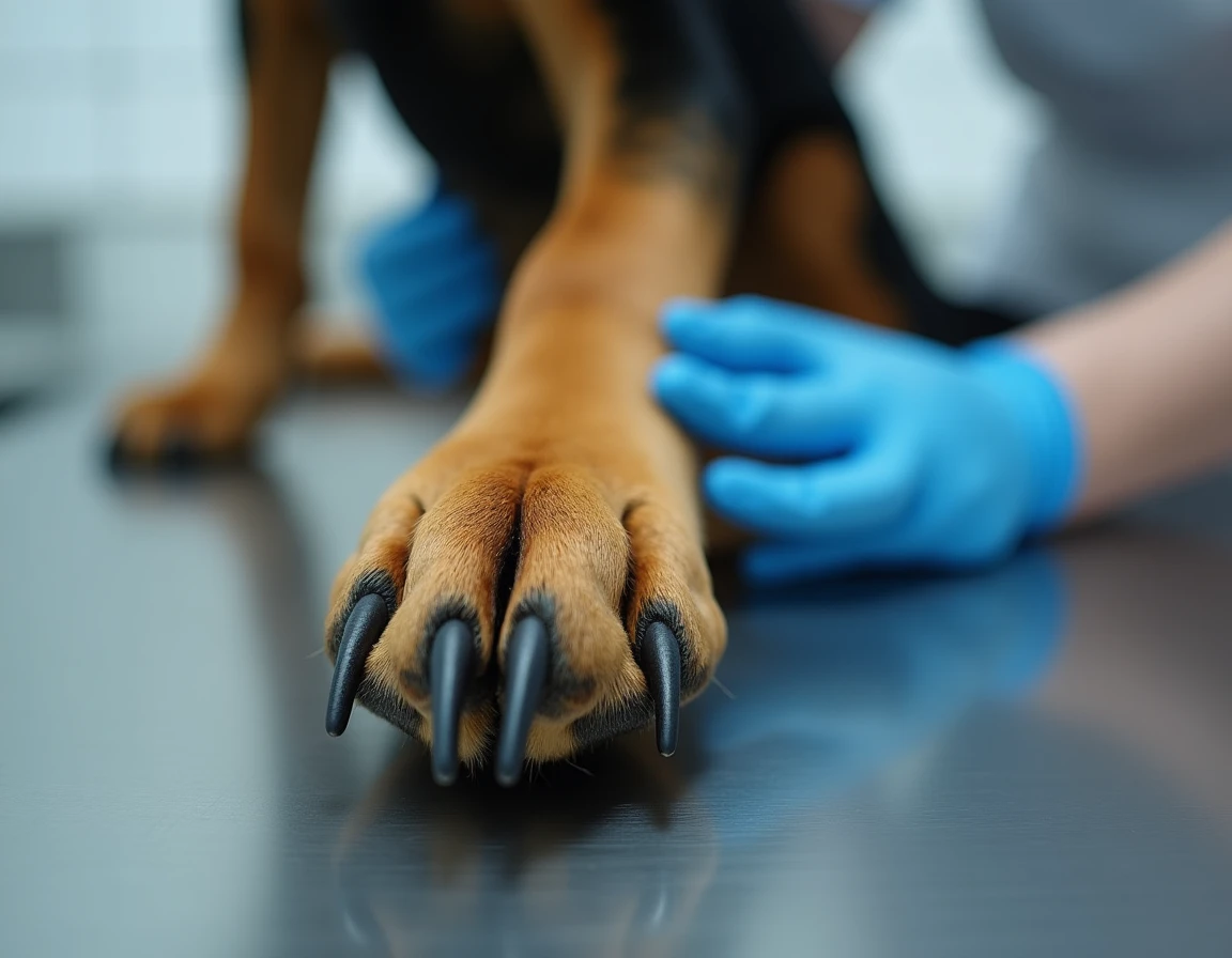 Gros plan sur le double ergot d'un Beauceron lors d'un examen vétérinaire en cabinet