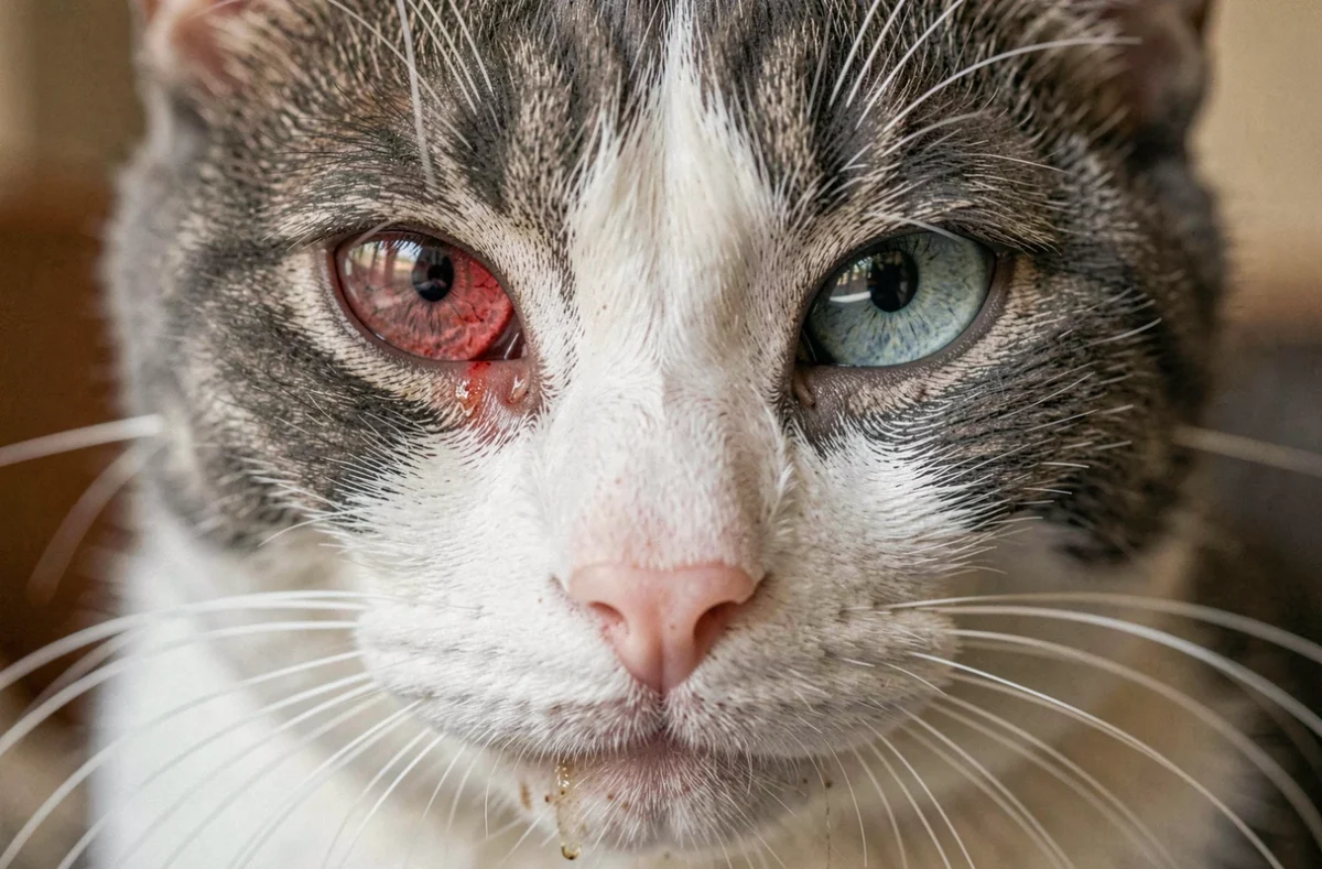 Gros plan sur l'œil d'un chat gris et blanc montrant une rougeur et un trouble cornéen caractéristiques d'un ulcère oculaire