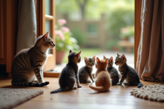 Groupe de chatons de 8 semaines près d'une porte dans un salon