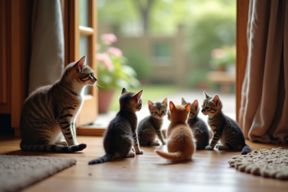 Groupe de chatons de 8 semaines près d'une porte dans un salon