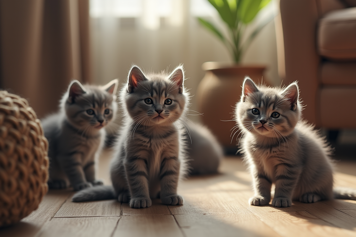 Groupe de chatons gris dans un salon cosy vue du dessus
