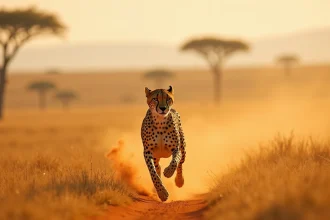 Guépard en pleine course sur la savane africaine, illustrant le record de vitesse chez les animaux terrestres