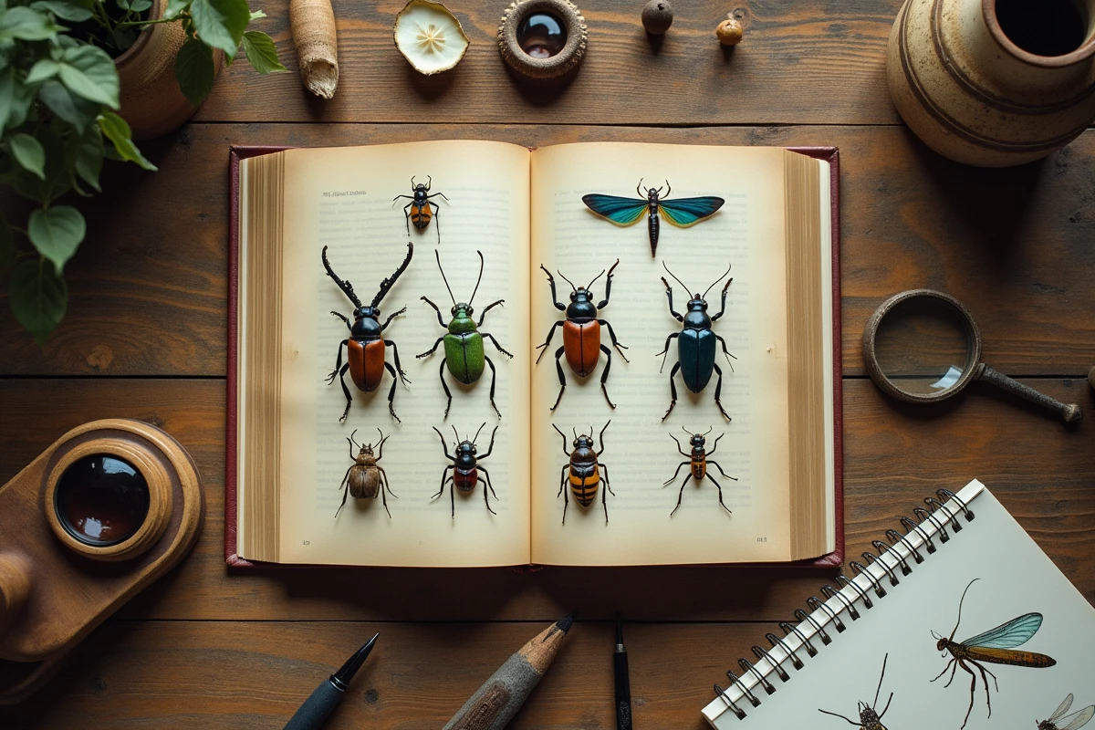 Guide naturaliste ouvert avec spécimens d'insectes épinglés, loupe et carnets de dessin sur table en bois rustique