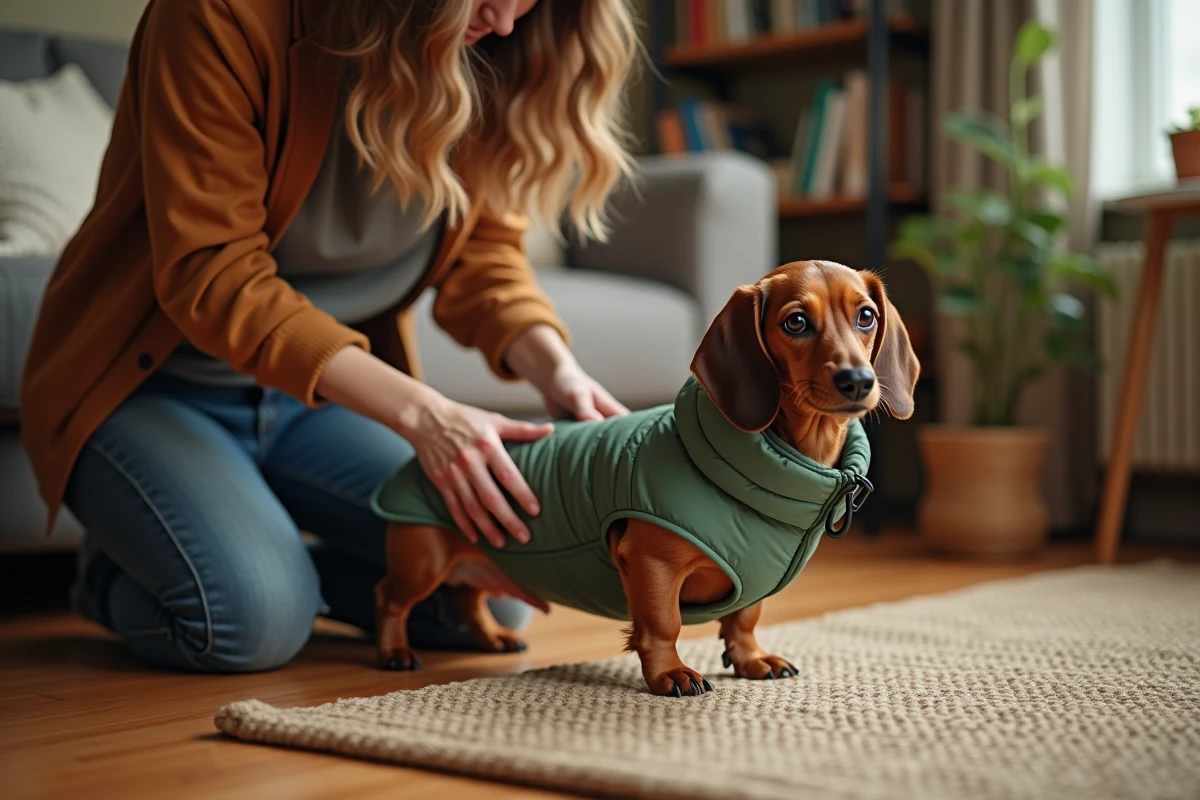 Femme habillant son teckel miniature avec un manteau rembourré conçu pour protéger la colonne vertébrale