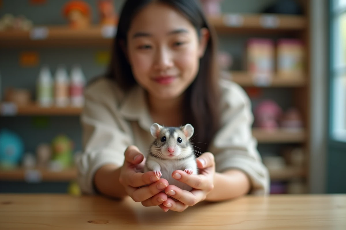 Femme tenant un hamster russe dans ses mains dans une animalerie avec des rayons en arrière-plan
