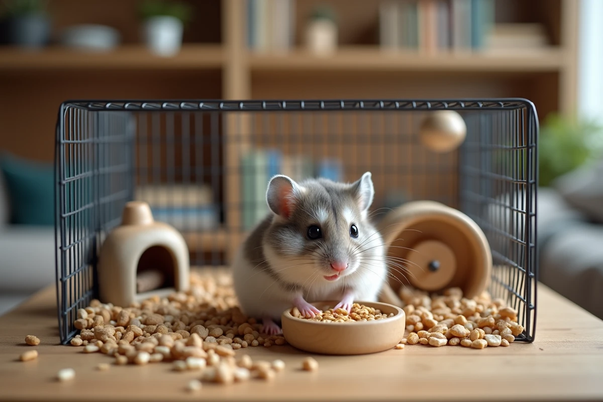 Hamster russe dans une cage équipée avec accessoires et gamelle de graines sur une table en bois