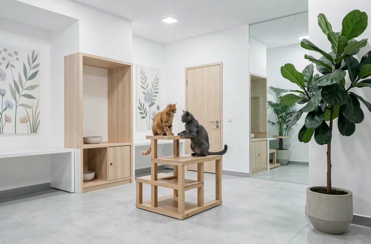 Un chat roux et un chat gris jouant dans une suite moderne et apaisante de la pension Harmonie Chat