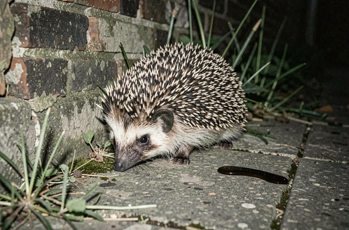 Hérisson nocturne en ville photographié près de ses crottes sur une dalle de jardin urbain