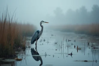 Héron cendré immobile au bord d'un marais brumeux à l'aube, symbolisant la contemplation et la sagesse spirituelle