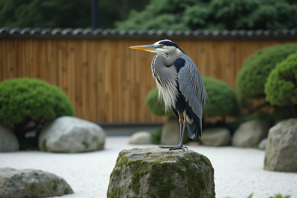 Héron perché sur une colonne de pierre dans un jardin zen, évoquant la méditation et le symbolisme de l'animal totem