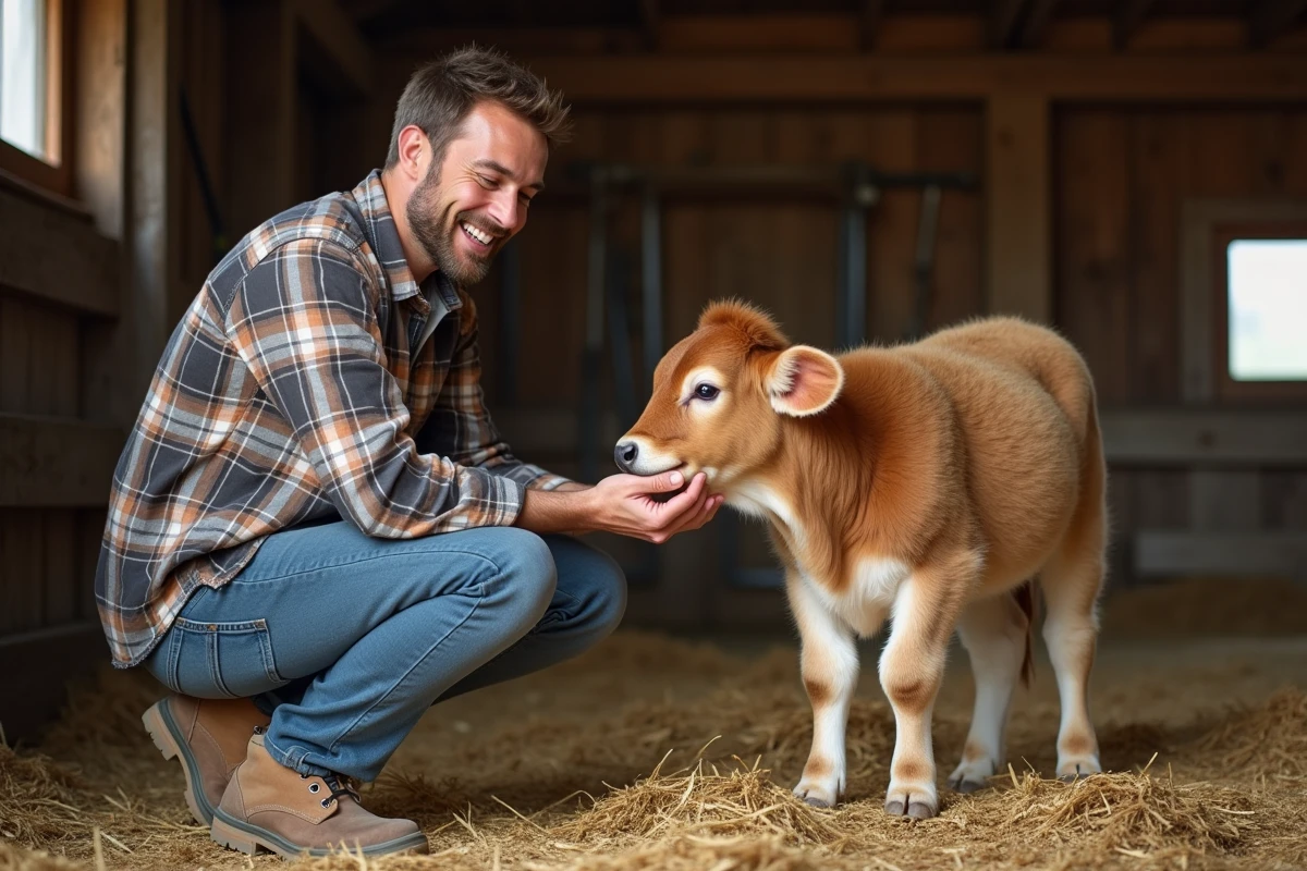 Homme adulte donne à manger à une petite vache dans une étable