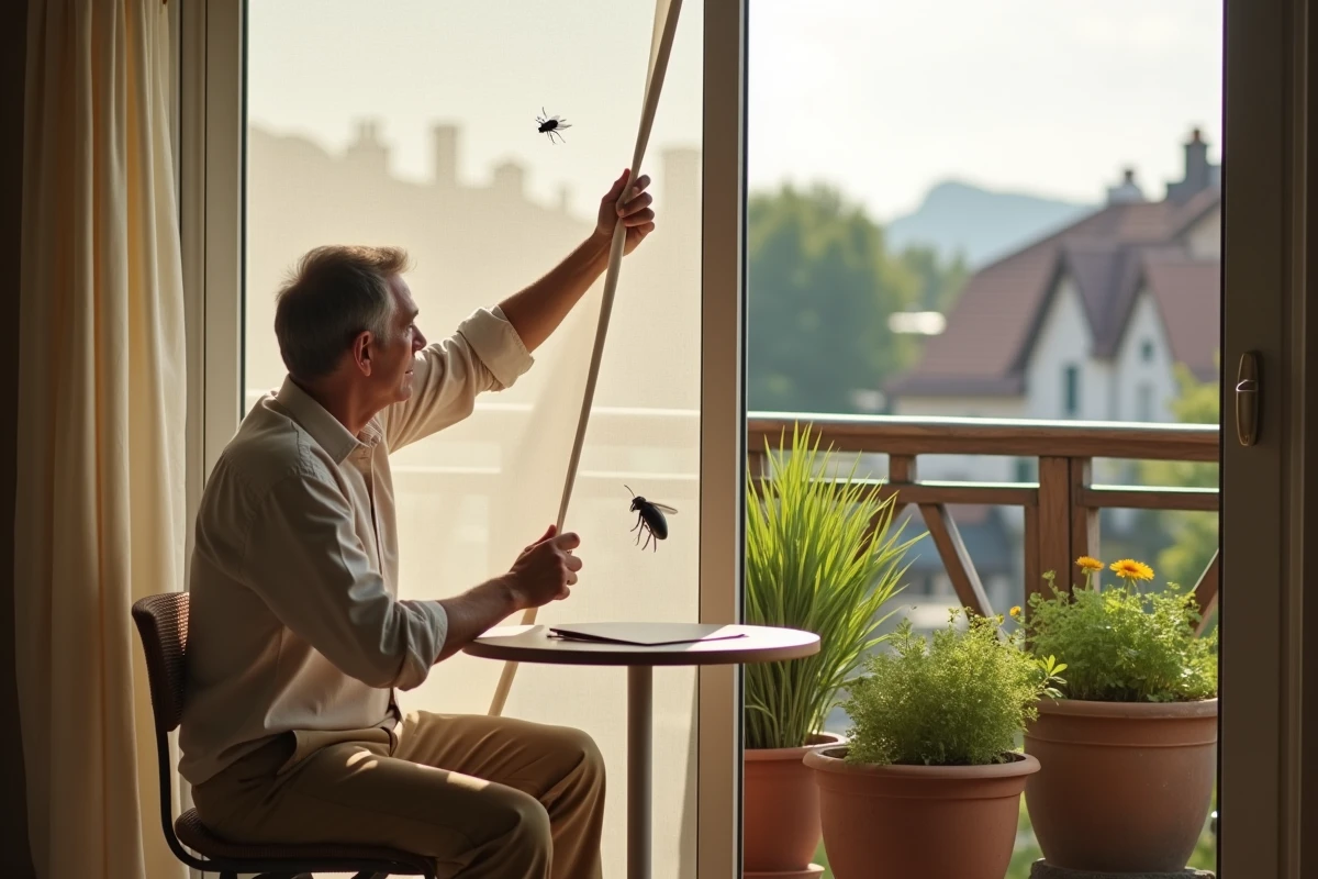 Homme en train d’attacher une moustiquaire sur son balcon
