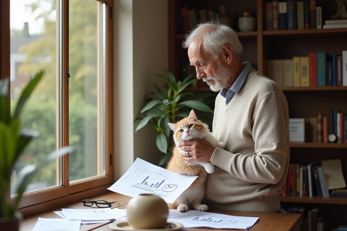 Homme âgé avec chat Birman dans un bureau lumineux