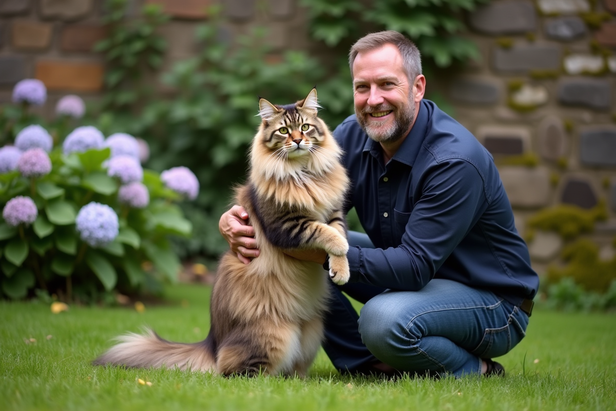 Homme avec chat longhaired dans un jardin printanier